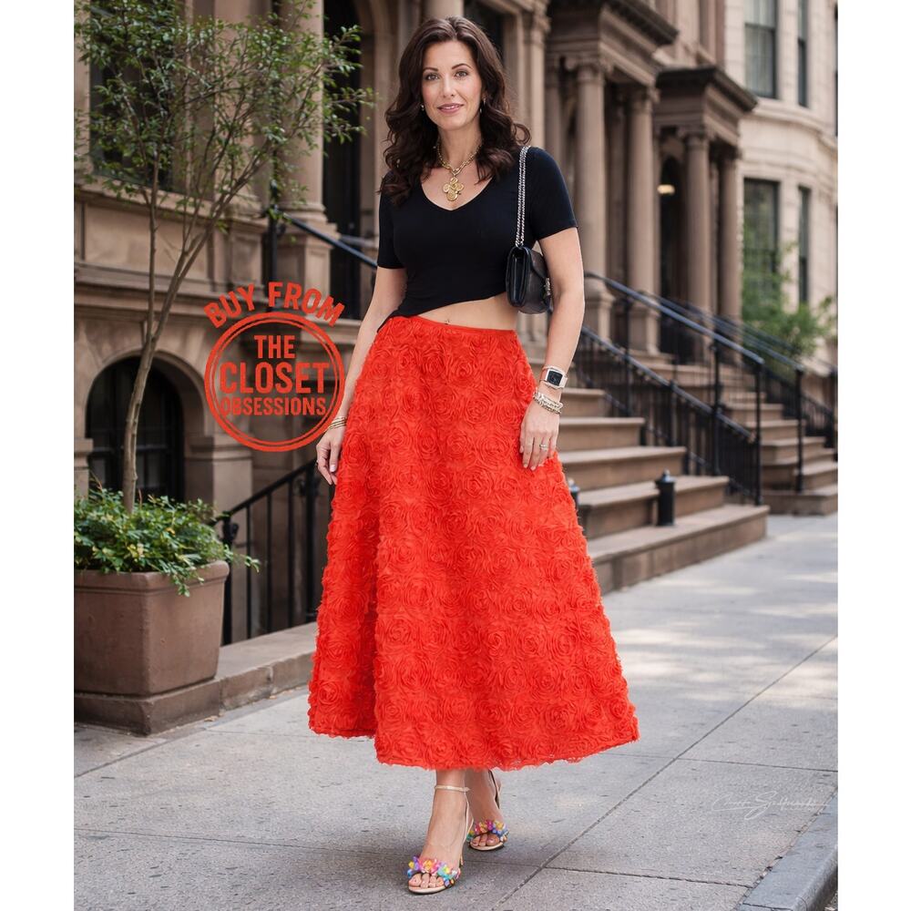 ZARA Floral Voluminous Midi Skirt NWT | Red Textured A-Line - Picture 9 of 16
